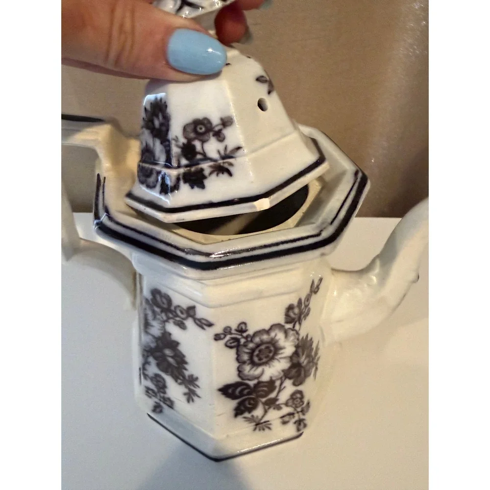 Antique Flow Blue Octagonal Ironstone Teapot Floral Cobalt White‎ Victorian